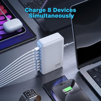 200W USB C Charger USB C Charger Block,Upgraded GaN III 8-Port Fast Charging Station Hub,PD 65W Laptop Charging Adapter Compatible with MacBook Pro/Air,DELL,Steam Deck,iPhone 16/15/14,Galaxy S23/22 - size: 200W