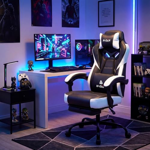 N-GEN GAMING Gaming Chair Big and Tall Computer Heavy Duty Office Desk Chair with Footrest Ergonomic Lumbar Support High Back Recliner for Adults (White) - color: White