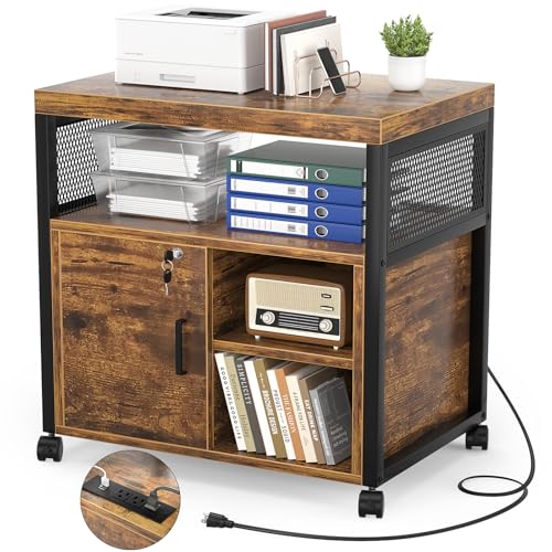 Unikito Rolling File Cabinet, Lateral Filing Cabinet on Wheels Mobile Office Printer Stand with Door and Open Storage Shelf for A4, Letter Size and Hanging File Folders, Lockable, Rustic Brown - color: Rustic