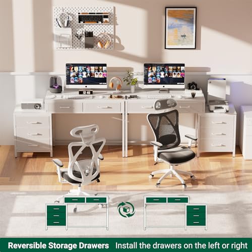 Unikito Reversible Computer Desk with 5 Drawers, Sturdy Office Desk with Power Outlets and USB Ports, Study Writing Table with File Cabinet & Printer Stand, Vanity Desk with Storage, White - color: White