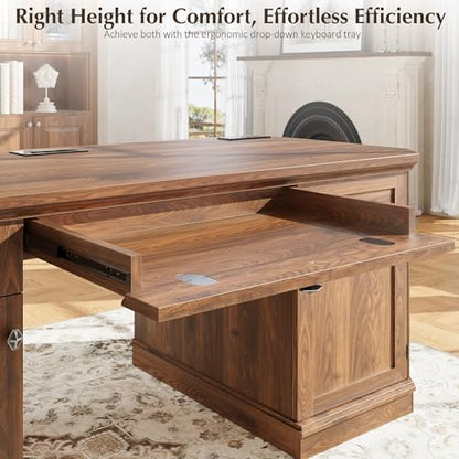 59" Classic Executive Desk with Storage, Victorian Executive Desk with Charging Station, Keyboard Tray, 3 Drawers & 2 Cabinet Storage & 2 Pedestals, Easy Assembly, Dark Walnut - color: Dark Walnut