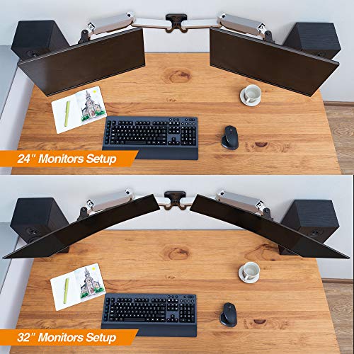 AVLT Dual Monitor Arm Wall Mount for 13-32" Screens, Full Motion - Silver | Supports flat/curved screens up to 17.6 lbs each. Smooth gas spring, VESA 75x75/100x100 and clean cable routing - color: Dual Extended