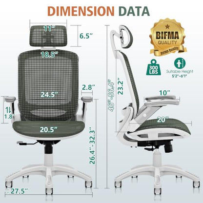 GABRYLLY Ergonomic Office Chair, High Back Home Desk Chair with Headrest, Flip-Up Arms, 90-120° Tilt Lock and Wide Cushion, 300LBS Mesh Chairs for Man Woman, White Task Chair(Olive Green,GY01WOG) - color: White Frame Olive Green Mesh
