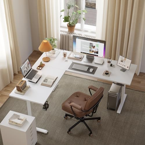 Agilestic 63 x 55 Inch L Shaped Electric Standing Desk, White - color: Pure White, size: 63x55 Inch