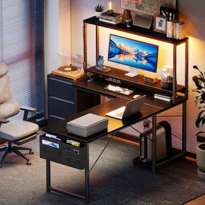 AODK L Shaped Desk Gaming Desk with LED Light & Power Outlet - color: Black, size: 53 Inch
