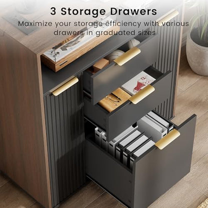ModernMate Fluted Mobile File Cabinet with Charging Station | 37" Rolling Storage Cabinet with 3 Drawers, Printer Stand with Wheels for Home Office, Black Walnut - color: Black Walnut