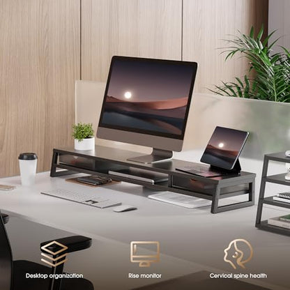 Fenge Dual Monitor Stand Riser, 42.5in Desk Shelf with 2 Drawers, Black - color: Black