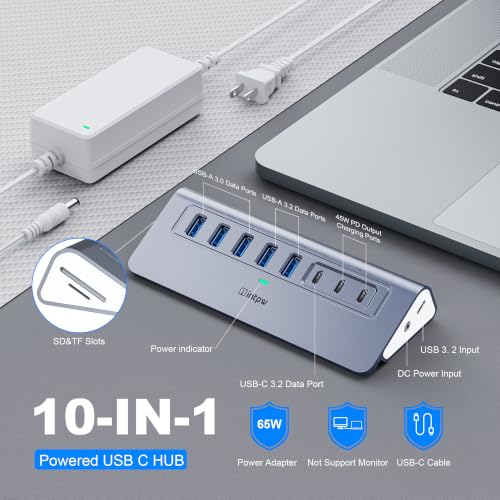 intpw Powered USB Hub 10Gbps, 10-Port USB 3.2 Hub, USB C Hub,SD/TF Slots - color: Gray, size: 10 Port