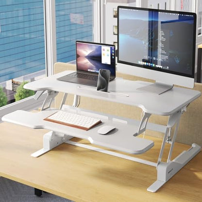 Mount-It! Standing Desk Converter White 38” Wide Height Adjustable Stand Up Desk Riser, Desk Topper with Gas Spring, Desktop Standing Desk with Keyboard Tray Fits Two Monitors - color: White, size: 38 Inches