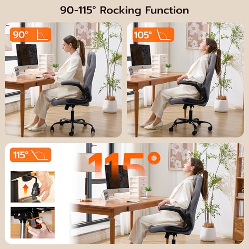 Ylzyxal Office Desk Chair, Ergonomic Computer Chair with Padded Flip-Up Arms and Adjustable Lumbar Support, PU Leather Executive Chair with Tilt Lock and 360° Swivel Rolling Wheels for Work, Study - color: Grey