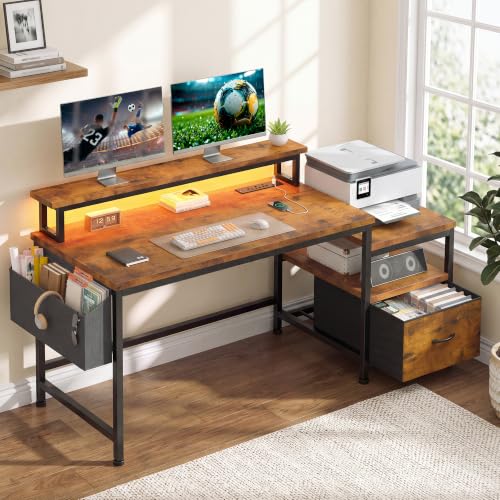 EnHomee 56.5" Office Desk with Drawers & Printer Space for Home Work,Brown - color: Rustic Brown, size: 56.5" With LED Light
