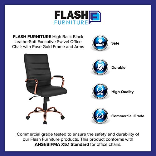 Flash Furniture High Back Black LeatherSoft Executive Swivel Office Chair with Rose Gold Frame and Arms | 360° Swivel, Height Adjustable, Commercial Grade - color: Black Leathersoft/Rose Gold Frame