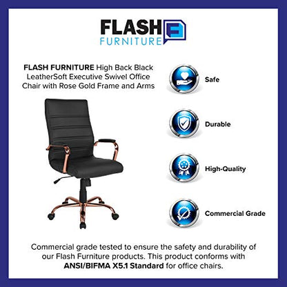 Flash Furniture High Back Black LeatherSoft Executive Swivel Office Chair with Rose Gold Frame and Arms | 360° Swivel, Height Adjustable, Commercial Grade - color: Black Leathersoft/Rose Gold Frame