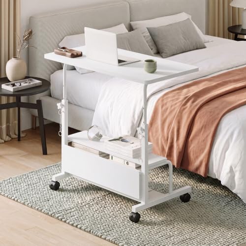 OLIXIS Rolling Desk, Storage Shelves, Laptop Table, Home Office | Height Adjustable Design, Computer Desks on Wheels, Portable for Small Spaces Use, White