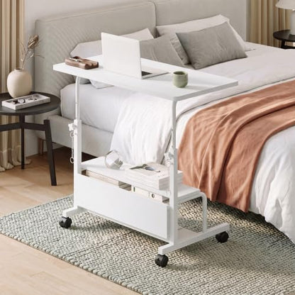 OLIXIS Rolling Desk, Storage Shelves, Laptop Table, Home Office | Height Adjustable Design, Computer Desks on Wheels, Portable for Small Spaces Use, White