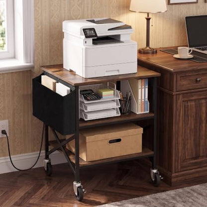 Large Printer Stand with Storage Bag, 23.6'' x 23.6'' with Power Outlet - color: Retro Brown, size: 23.6''x23.6''