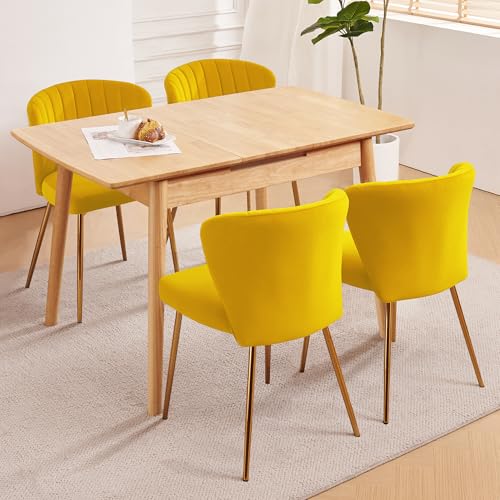 Velvet Dining Chairs Set of 2, Modern Upholstered Vanity Chairs with Golden Metal Legs for Dining Room Kitchen Vanity Patio (Yellow) - color: Yellow