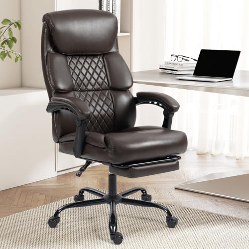 Office Chair, Executive High Back Leather Home Office Desk Chair with Footrest & Lumbar Support - Ergonomic Reclining Comfortable Wide Swivel Rolling Gaming Computer Chair 90-135° Adjustable Tilt Lock - color: Brown, size: 9009 With Footrest
