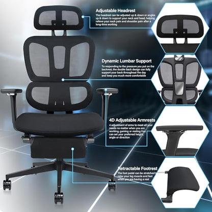 Ergonomic Office Chair with Retractable Footrest, Black | High Back Design, Dynamic Lumbar Support, 2D Headrest & 4D Armrests, Breathable Mesh Back for Home Office - color: Black