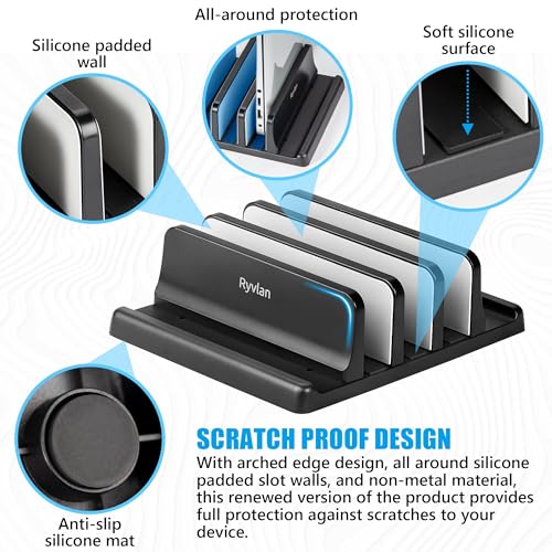 Vertical Laptop Stand, 3 Slot Adjustable Laptop Storage Rack and Desk Organizer, Silicone-Padded Holder for Multiple Devices Storage, Compatible Stand for Tablets and Devices up to 17 Inches