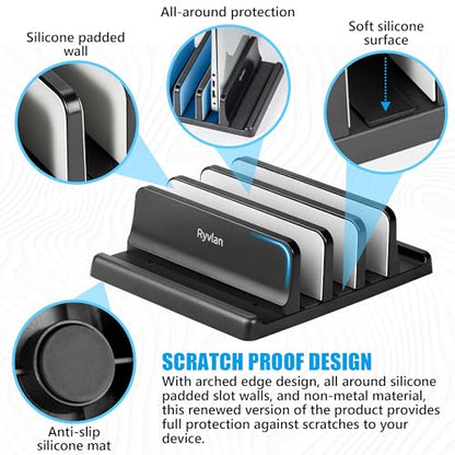 Vertical Laptop Stand, 3 Slot Adjustable Laptop Storage Rack and Desk Organizer, Silicone-Padded Holder for Multiple Devices Storage, Compatible Stand for Tablets and Devices up to 17 Inches
