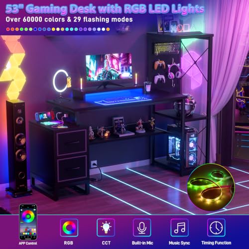 Computer Desk with 2 Fabric Drawers - Reversible Home Office Desk with Power Outlet & LED Lights, 53" Writing Desk with Monitor Stand & Storage Shelves, Gaming Desk Study Table with Pegboard, Black - color: Black