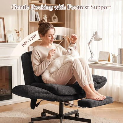 Criss Cross Office Chair with Footrest and 5-Gear Adjustable Arms, Black | Wide seat cross-legged desk chair, flip lumbar pillow, airbag support, chenille fabric, for home office vanity and meditation - color: Black-chenille