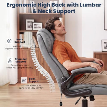 Ergonomic Office Chair, High Back Leather Executive Desk Chair - color: Grey