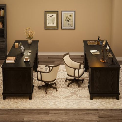 Garvee 60" Wooden Home Office Desk with File Drawers, Executive Desk with Adjustable Cabinet, Farmhouse Wood Desk with Power Outlet, Distressed Study and Work Table, Rustic Black - color: Rustic Black, size: 60" W