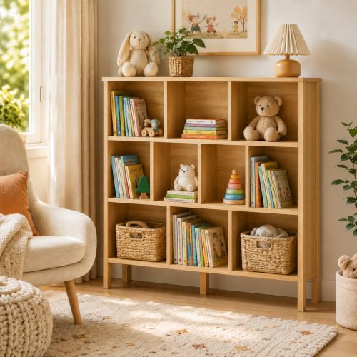 KIGOTY 10 Cube Modern Bookcase, 3-Tier Open Storage Organizer, Freestanding Bookshelf with Legs, Narrow Bookcase for Living Room, Bedroom & Office (Yellow) - color: Yellow