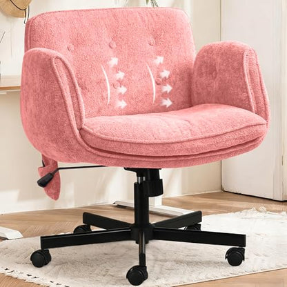 Criss Cross Chair with Lumbar Airbag & Folding Arms Relieve Back Pain, Wide Cross Legged Office Chair for Home Office, Comfy Swivel Desk Chair with Wheels, 5 Level Adjustable Armrest, Chenille(Pink) - color: Pink, style: With Airbag Lumbar Support