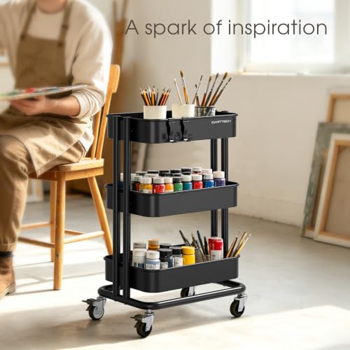 3 Tier Rolling Cart Metal Utility Cart with Lockable Wheels Home Office - color: Black, size: Small