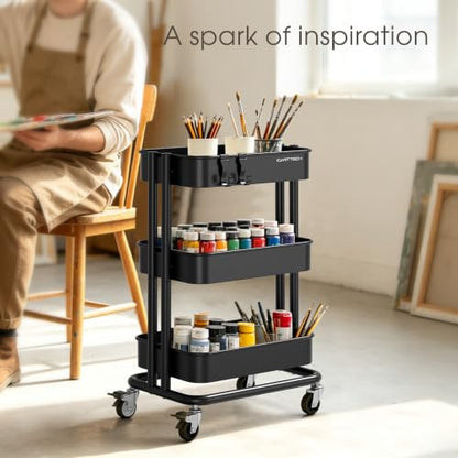 3 Tier Rolling Cart Metal Utility Cart with Lockable Wheels Home Office - color: Black, size: Small