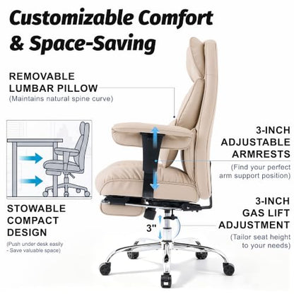 Efomao Executive Office Chair 400lbs,Beige Big and Tall Desk Chair | Mattress-grade pocket spring cushion, sleek leather, 135° recline & footrest for computer gaming setup. - color: 3084p-dark Beige