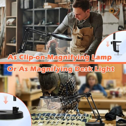 12X Magnifying Glass with Light and Stand, Real Glass Lens Magnifying Desk Lamp, Lighted Magnifier with Light Stepless Dimming Hands Free for Craft, Reading, Painting, Sewing, Solder - color: Black