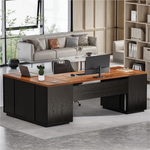 LITTLE TREE 87-Inch Modern Executive Desk with File Cabinet, Large Home Office Desk with Drawers, 3-Drawer Wooden File Cabinet, Spacious Workstation for Home Office (Brown & Black) - color: Brown and Black