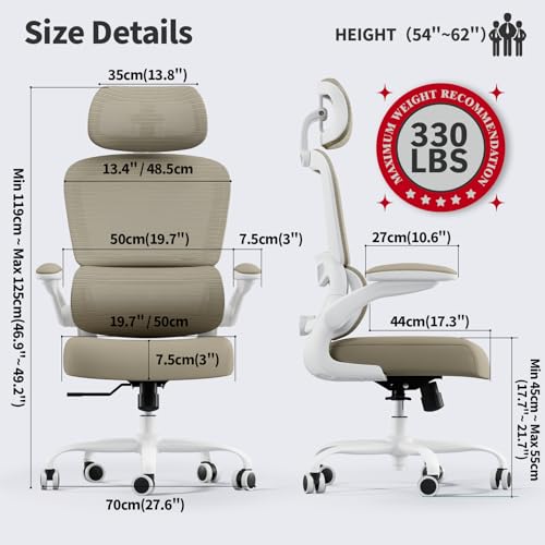 TRALT Office Chair Ergonomic Desk Chair - Gaming Chair with Lumbar Support | 330 LBS Home Office Desk Chairs with Headrest, Reading Chair with Flip-up Armrests, Comfortable Computer Chairs (1, Khaki) - color: Khaki