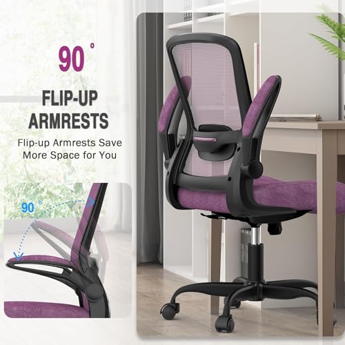 Ergonomic Office Chair w/Adjustable Lumbar, Flip Armrest, 135° Recline - color: Purple