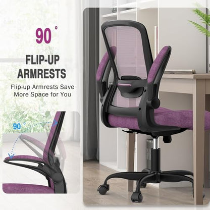 Ergonomic Office Chair w/Adjustable Lumbar, Flip Armrest, 135° Recline - color: Purple