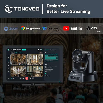 TONGVEO AI Wireless PTZ Camera System with Auto Tracking Built-in Receiver & Bluetooth Speakerphone, 5.8GHz 1080P 60fps Conference Camera with 3X Optical Zoom, for Church Zoom, OBS Meetings - color: black