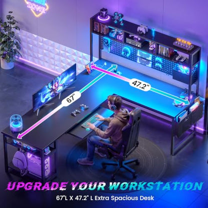 SEDETA 67" L Shaped Gaming Desk with Pegboard LED Lights and Power Outlet | Reversible Computer Desk with Keyboard Tray Hutch and Stoage Bag for Home Office, Black - color: Black With Power Outlet and Pegboard