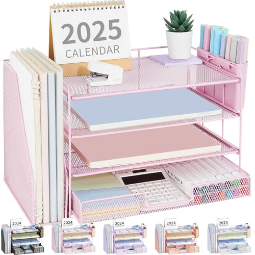 OPNICE Desk Organizer, 4-Tier Desktop File Organizer with Drawer and Pen Holders, Office Desk Accessories, File Sorters, Workspace Organizers for Office Supplies(Pink) - color: Pink, size: 4T