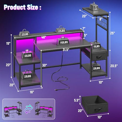 DurayLoly 55" Gaming Desk with,RGB LED,Headphone Hook Shelves for Bedroom - color: Black, size: 19.6"Dx55"Wx51"H