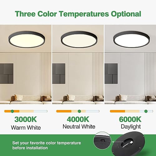 15.8Inch 2PK Black LED Flush Mount Ceiling Light,32W,3480LM,3CCT Selectable | 3000K/4000K/6000K CCT Selectable, Black Close to Ceiling Round Flat Panel Light, Super Slim LED Ceiling Light for Bedroom - color: Black, size: 2PK