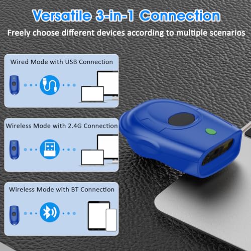 Symcode Bluetooth 2D Barcode Scanner Mini Portable QR Code Scanner 3-in-1 Bluetooth & 2.4G Wireless & USB Wired Barcode Scanner with Android,iOS,Computers,Windows - color: 2D QR Blue