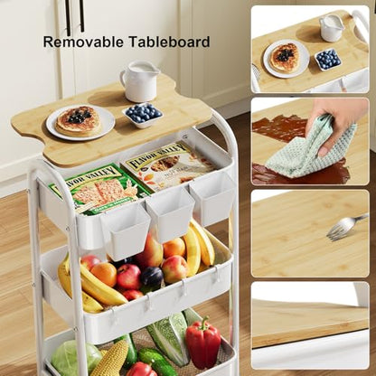 3 Tier White Metal Heavy Duty Rolling Cart with Wheels and Wooden Table Top | Three-Tiered Storage Organizer Utility Cart for Art, Craft, Baby, Diaper Caddy, Coffee, Kitchen, Cleaning, Office Supplies - color: White