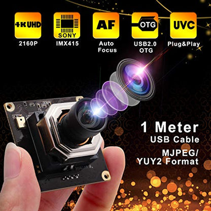 4K Autofocus USB Camera Module with Dual Microphone | IMX415 No distortion Lens 85 Degree Lightburn Camera for Laser engraving, DIY Projects, 3840x2160@30fps, Plug&Play OTG Webcam