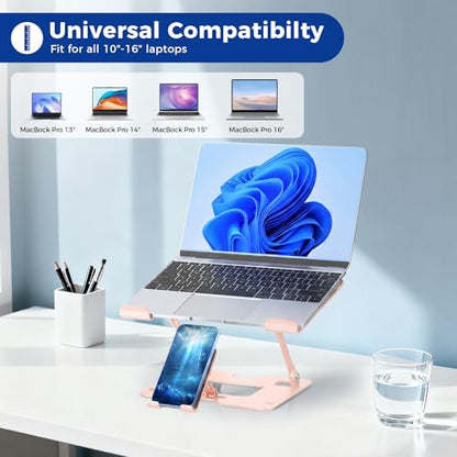 Ergonomic 2-in-1 Laptop Phone Stand for Desk, Pink Laptop Stand Adjustable Riser, Sturdy and Portable, Fits All Laptops and Phone (Pink) - color: Pink