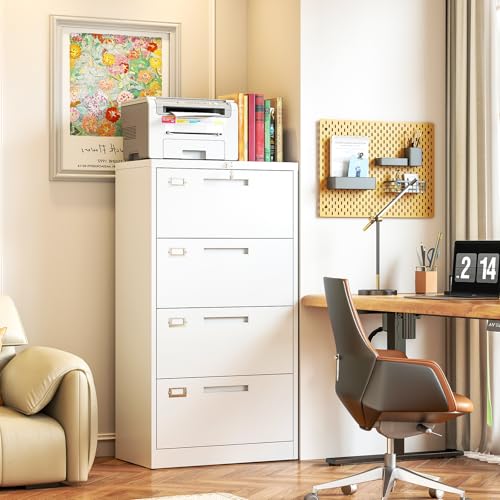 Metal Lateral 4 Drawer File Cabinet with Lock, Wide Filing Cabinet for Home Office Organization Hanging Files Letter/Legal/F4/A4 Size (White, Assembly Required) - color: White, size: 51.7"H x 28.35"W x 15.75"D