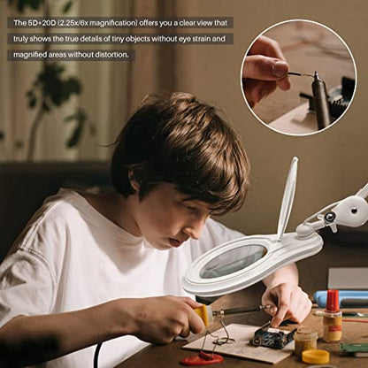 Bifocal LED Magnifying Lamp with Clamp, 14W 1200LM, White | 5-inch bifocal glass lens with 60 SMD LEDs provides 2.25X & 6X magnification and 4 brightness levels - color: White